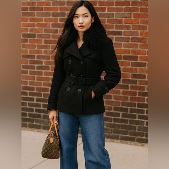 2 Xpose Jackets & Blazers - 2 Xpose Boucle Pea Belted Coat Removable Fur Collar Pockets Texture Wool Short L
